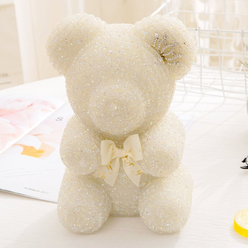 Luxury Resin Rhinestone Crystal Teddy Bear with Crown & Round Gift Box - Beige