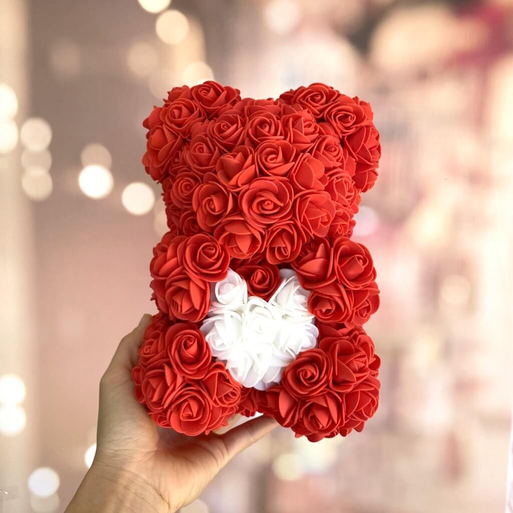 Luxury Everlasting Rose Teddy Bear with Gift Box - Red Bear with White Heart