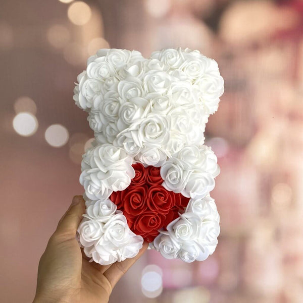 Luxury Everlasting Rose Teddy Bear with Gift Box - White Bear with Red