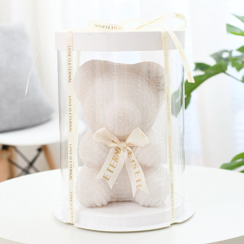 Luxury Resin Rhinestone Crystal Teddy Bear with Crown & Round Gift Box - White