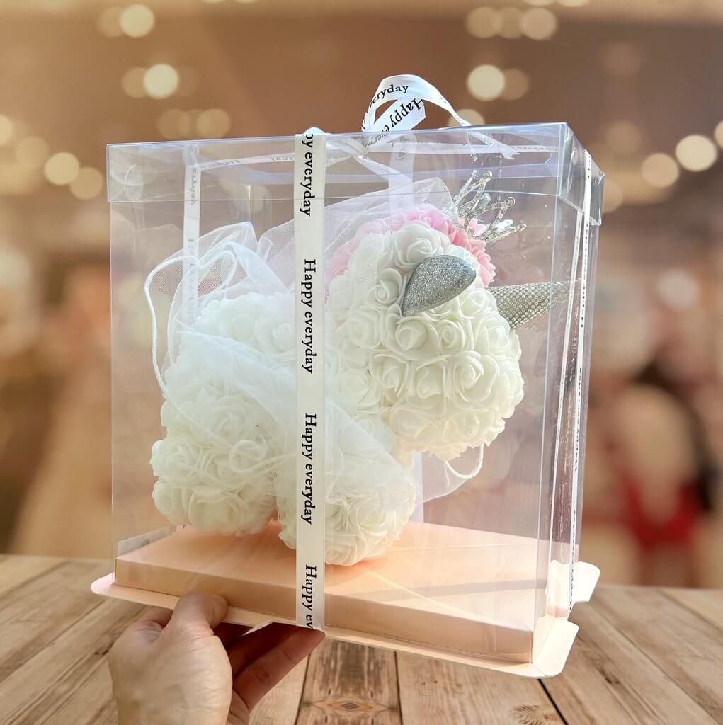 Luxury Everlasting Rose Unicorn Wearing Crown with Gift Box - White