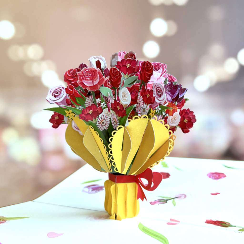 Handmade Luxury Gold Embossing Romantic Sweetheart Rose Bouquet 3D Valentine's Day Pop Up Greeting Card