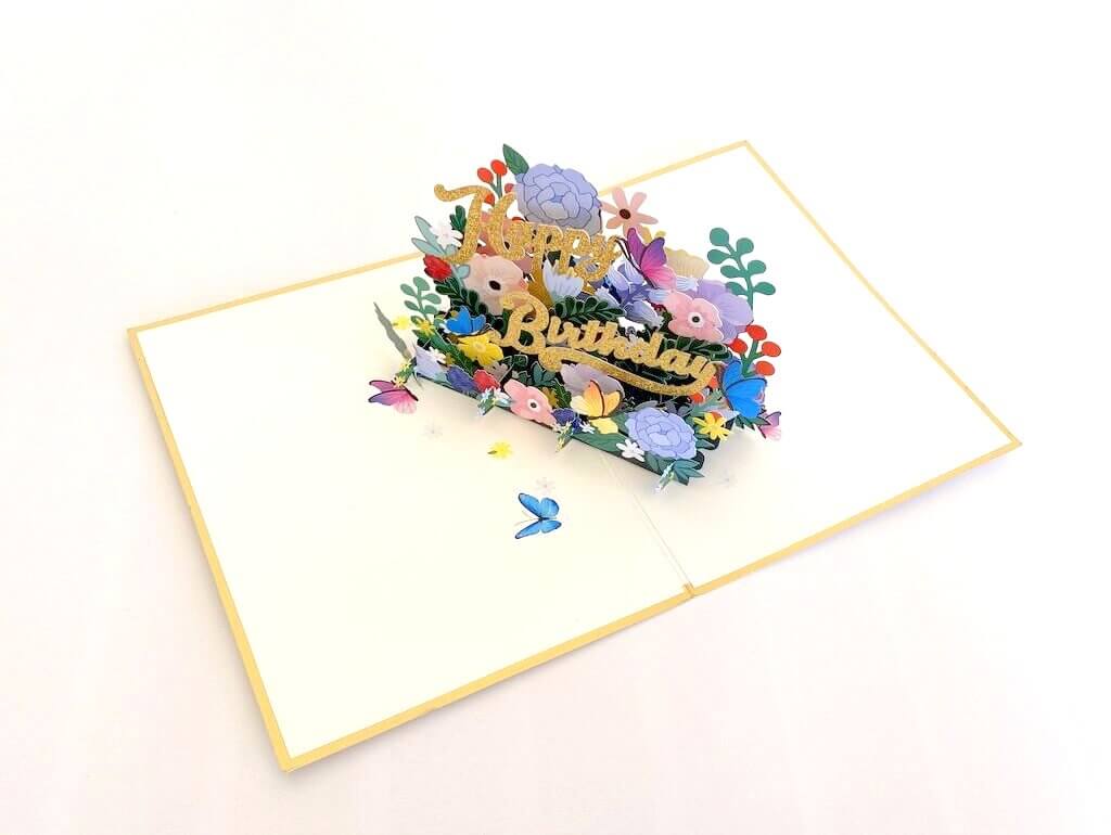 Luxury Gold Glitter Happy Birthday with Spring Garden & Butterfly Pop Up Card