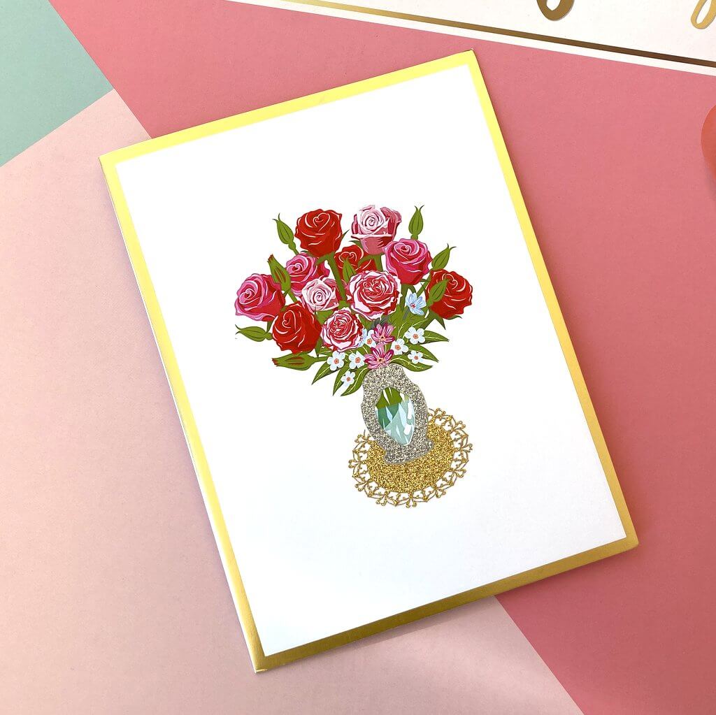 Luxury Red & Pink Rose Bouquet in White Vase 3D Pop Up Card