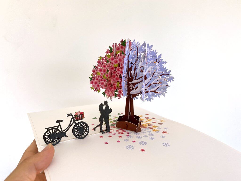 Luxury Silhouette Couple Kissing Under a Magical Four Season Tree  Pop Up Card