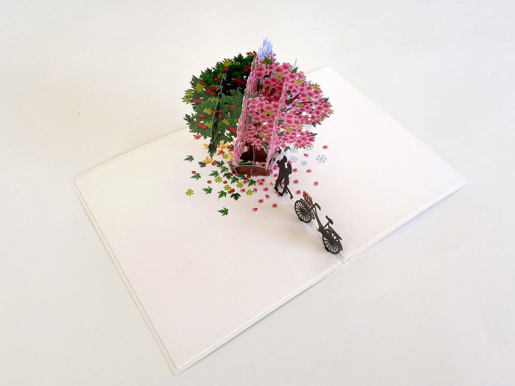 Luxury Silhouette Couple Kissing Under a Magical Four Season Tree  Pop Up Card
