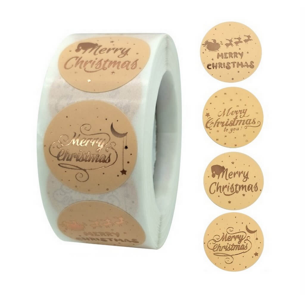 Style M - Round Rose Gold Foil Merry Christmas Stickers - Christmas Gift Packing and Wrapping Supplies