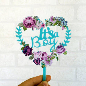 Matte Blue Acrylic 'It's a Boy' Floral Heart Shaped Wreath Cake Topper - Online Party Supplies