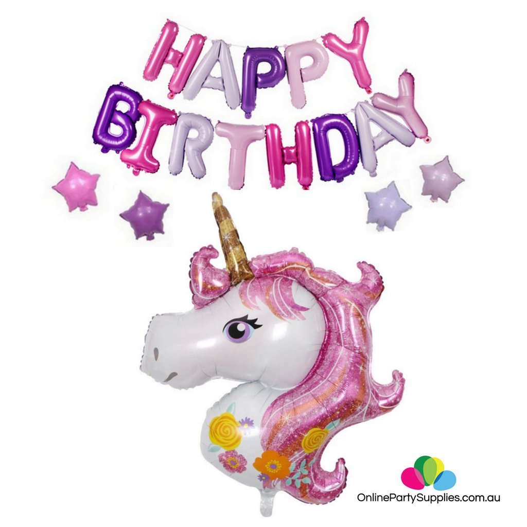 Matte Pink Purple Floral Magical Unicorn HAPPY BIRTHDAY Foil Balloon Bundle - Online Party Supplies