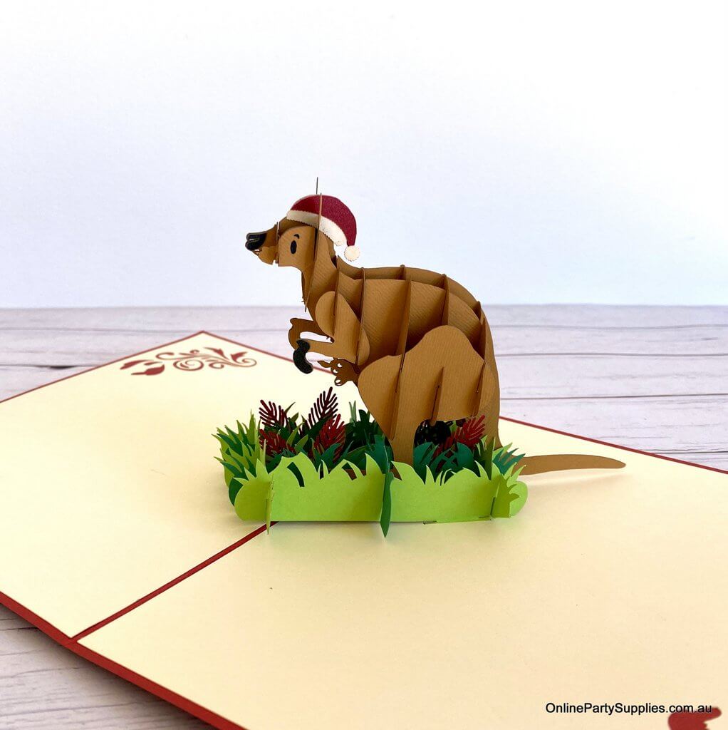 Handmade 3D Christmas Kangaroo Pop Up Card - Australian Native Animal Pop Up Cards