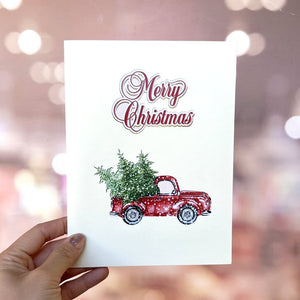 Merry Christmas Red Ute Carrrying Xmas Tree 3D Pop Up Greeting Card