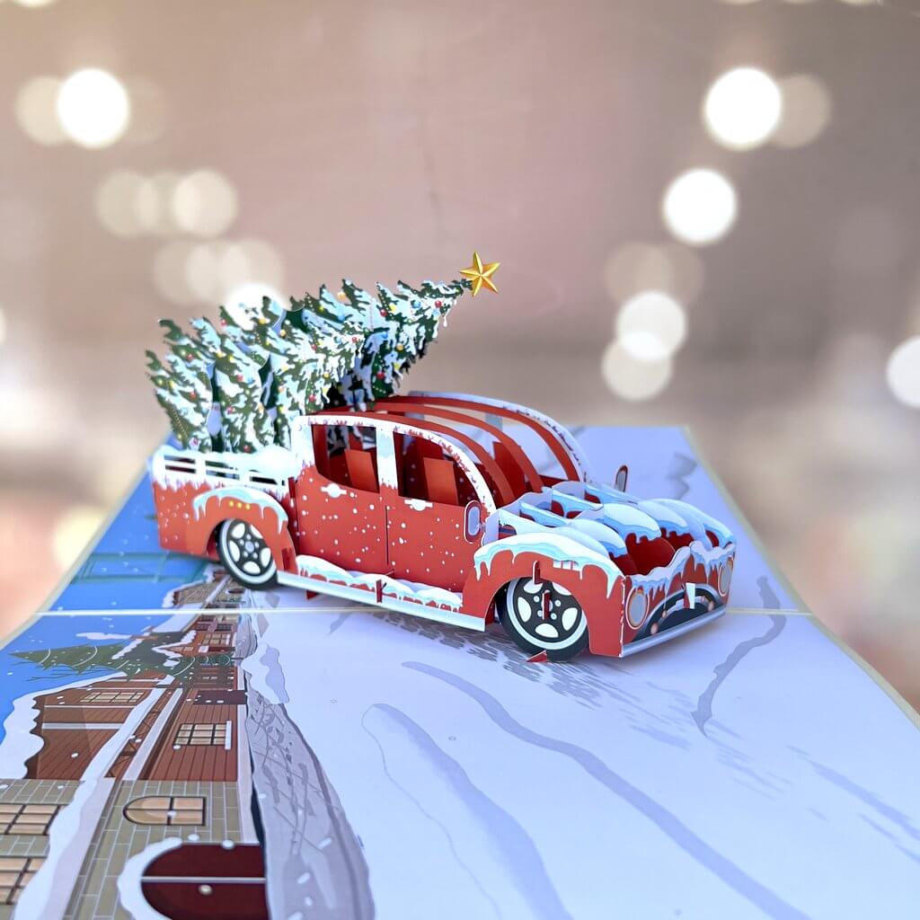 Merry Christmas Red Ute Carrying Xmas Tree 3D Pop Up Greeting Card