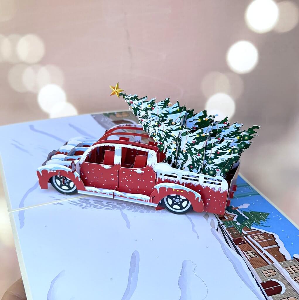 Merry Christmas Red Ute Carrying Xmas Tree 3D Pop Up Greeting Card