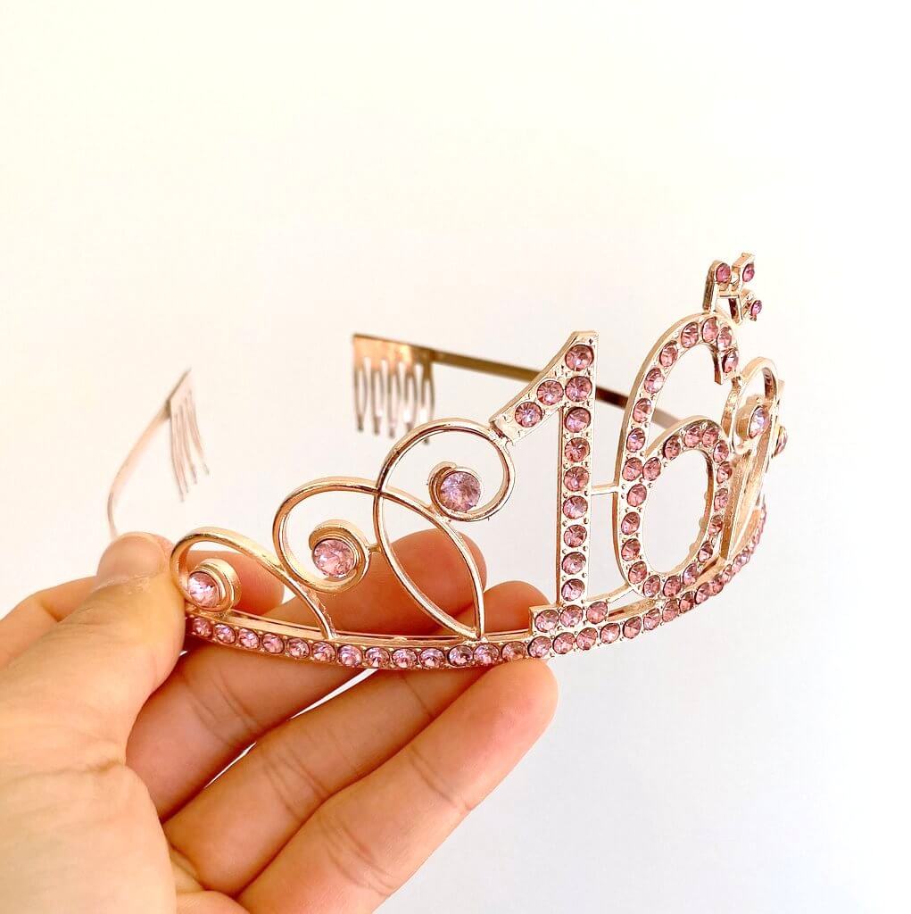 Rose Gold Metal Rhinestone 16 with Little Crown Tiara