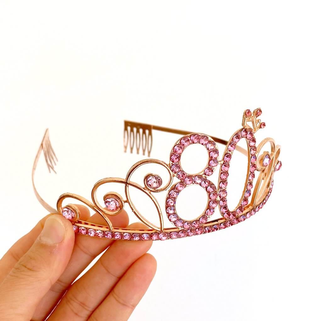 Premium Quality Rose Gold Metal Rhinestone 80th Birthday Tiara with little Crown
