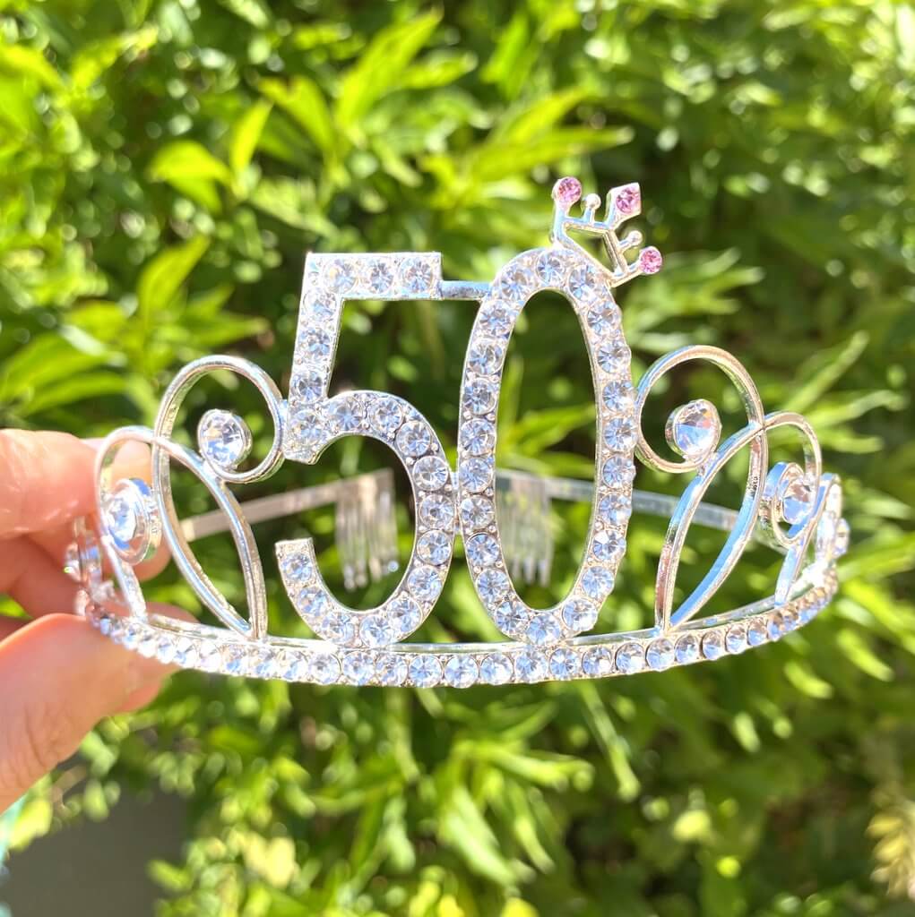 Silver Metal Rhinestone 50 with Little Crown Birthday Tiara