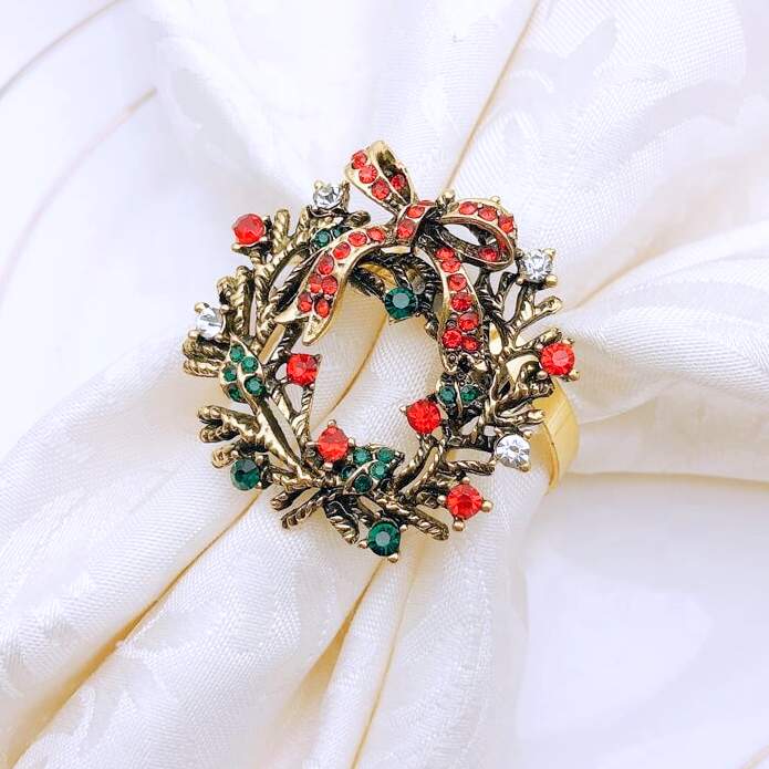 Metal Rhinestone Christmas Napkin Ring - Xmas Wreath