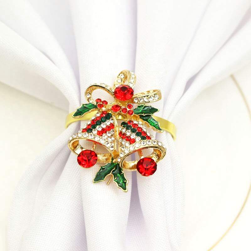Xmas Bells Metal Rhinestone Christmas Napkin Ring - Holiday Table Setting Decorations