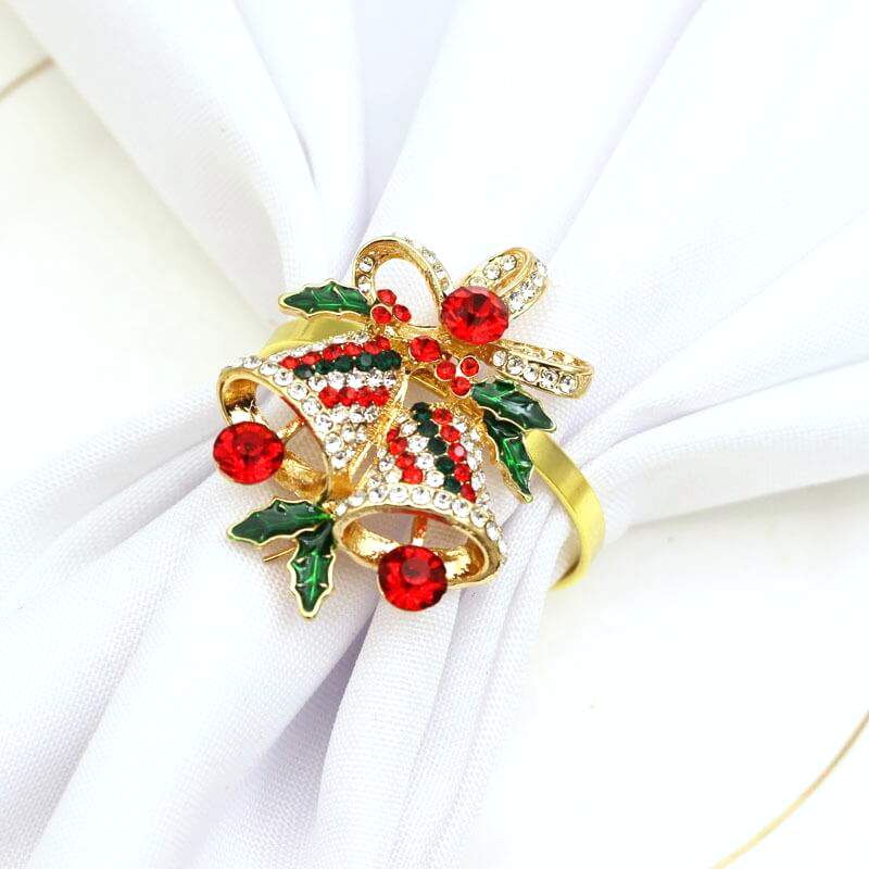 Xmas Bells Metal Rhinestone Christmas Napkin Ring - Holiday Table Setting Decorations