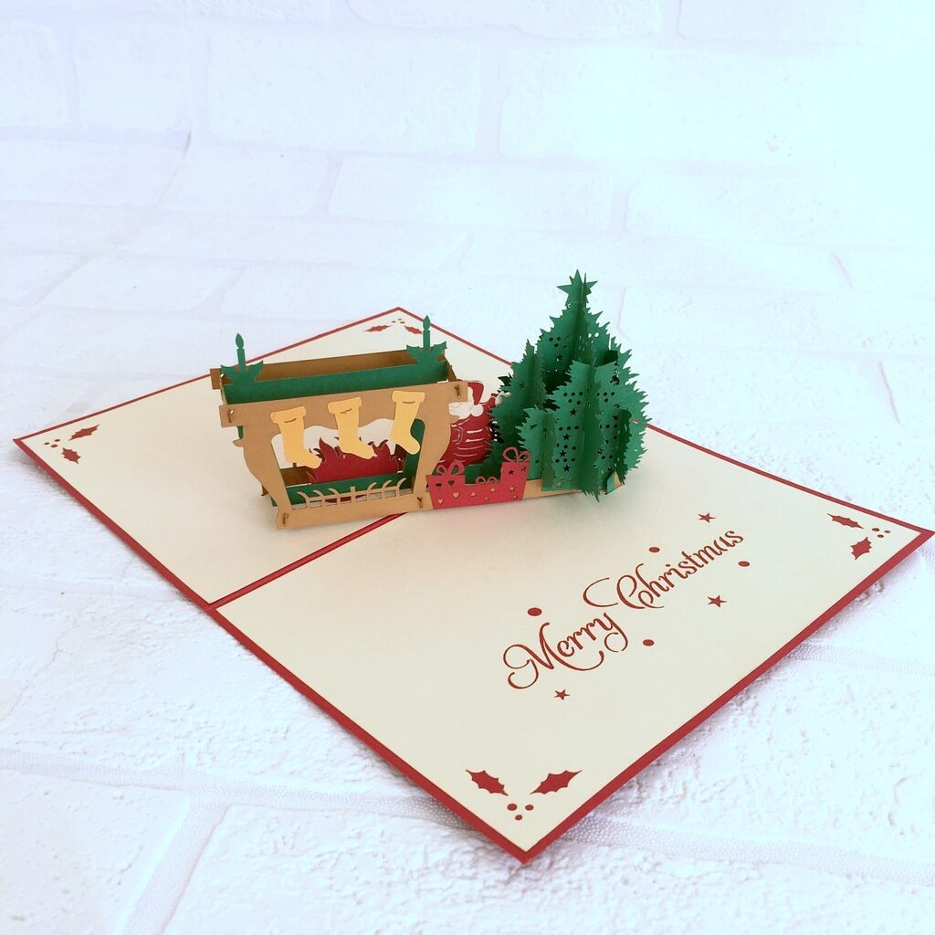 Handmade Santa Claus with Fireplace on Christmas Eve Pop Up Card - Pop Up Christmas Cards