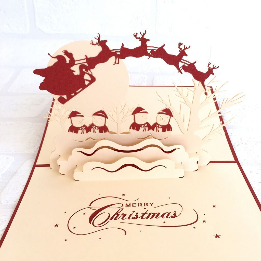 Handmade Santa Sleigh Reindeer and Snowmen Pop Up Christmas Card - 3D Pop Up Xmas Cards