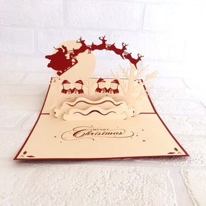Handmade Santa Sleigh Reindeer and Snowmen Pop Up Christmas Card - 3D Pop Up Xmas Cards