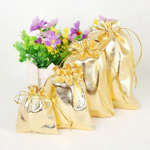 Metallic Gold Foil Fabric Drawstring Gift Bag 10 Pack - Wedding & Birthday Party Party Favours