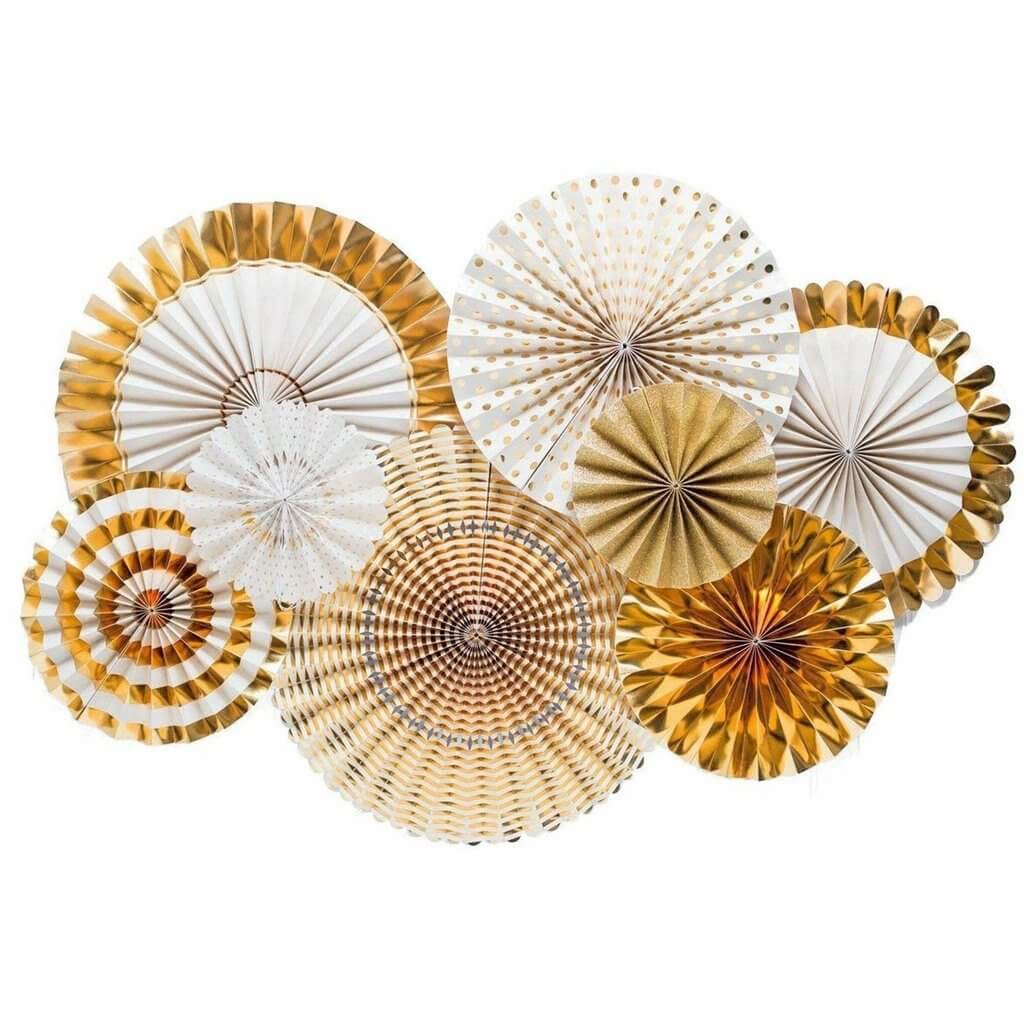 Metallic Gold Hanging Foil Paper Fan 8 Pack