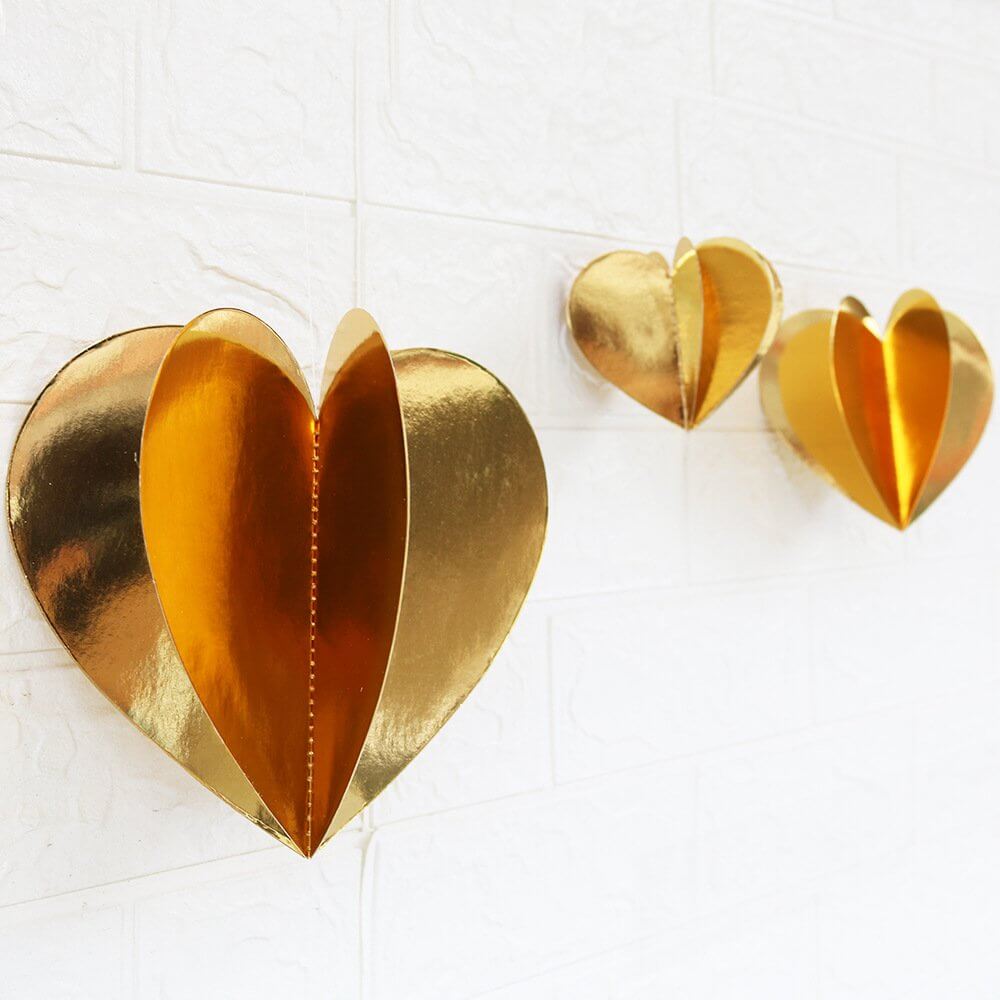 2m Metallic Gold 3D Love Heart Shape Paper Garland Wall Hanging Decorations