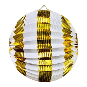 Metallic Gold White Stripe Pleated Accordion Paper Lantern Ball - 20cm
