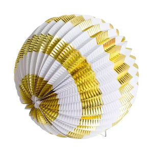 Metallic Gold White Stripe Pleated Accordion Paper Lantern Ball - 20cm