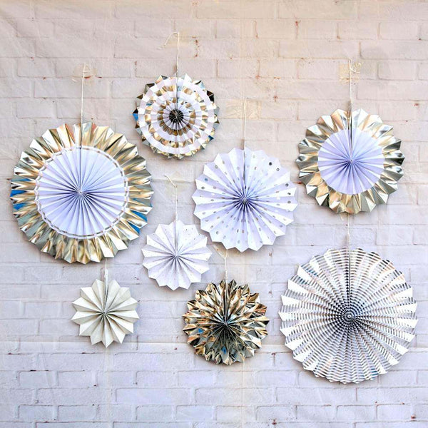 Mandala Crafts Hanging Paper Fans - 8 Pack Silver Party Decor | Wedding Graduation Birthday Decorations