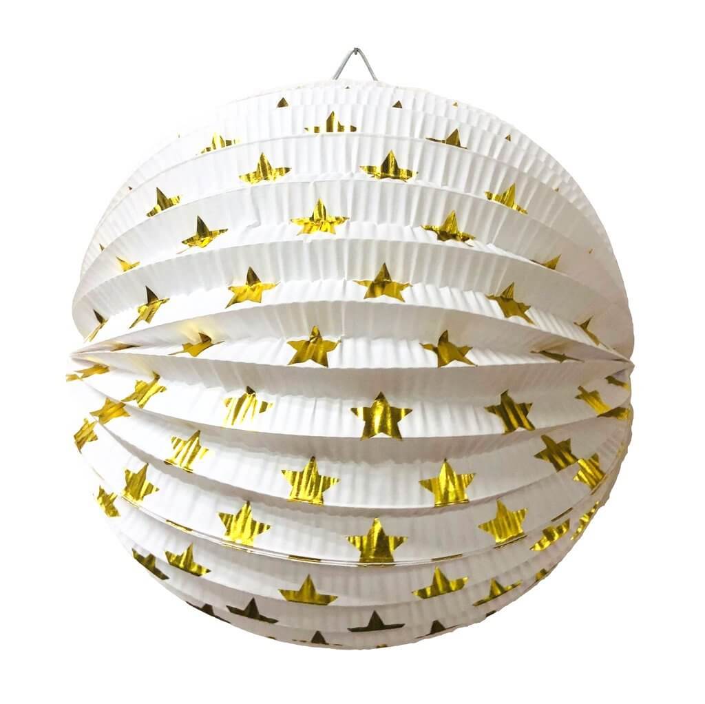 Metallic Gold Star White Accordion Paper Lantern Ball 20cm