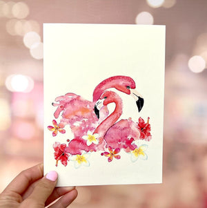 Handmade Mum & Baby Flamingoes in Spring Garden 3D Pop Up Card