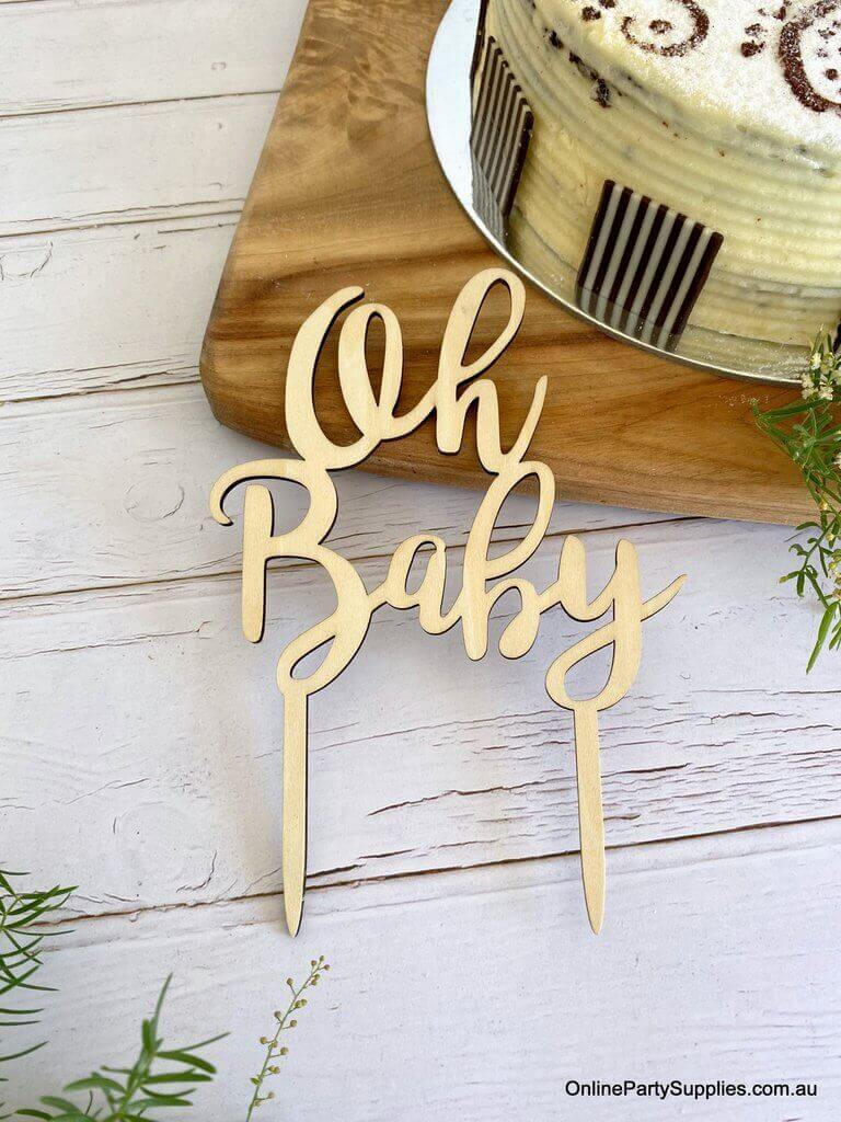 Wooden Oh Baby' Neutral Baby Shower Cake Topper