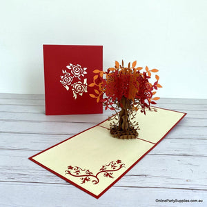 Handmade Orange and Red Rose Tree Pop Up Card - 3D Floral Valentine's Day Pop Out Cards