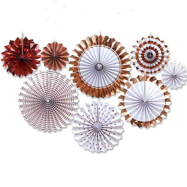 Metallic Rose Gold Hanging Paper Fans (Pack of 8)