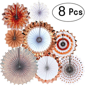 Pack of 8 Metallic Rose Gold Hanging Foil Paper Fans - Online Party Supplies