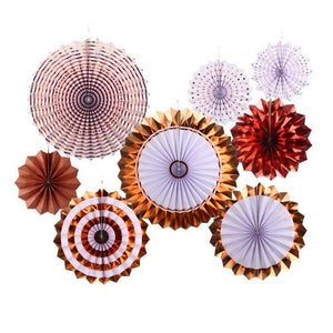 Pack of 8 Metallic Rose Gold Hanging Foil Paper Fans - Online Party Supplies