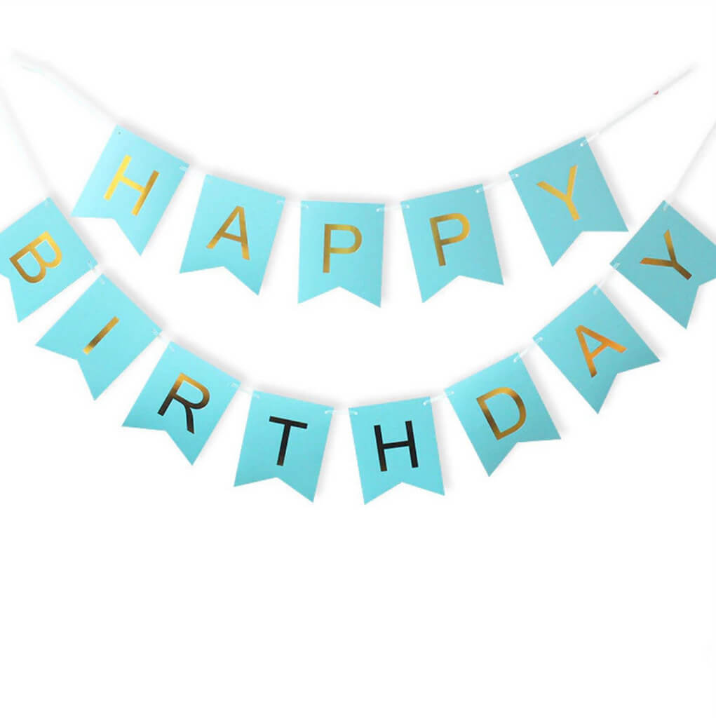 Pastel Blue and Gold Foiled Happy Birthday Bunting Banner