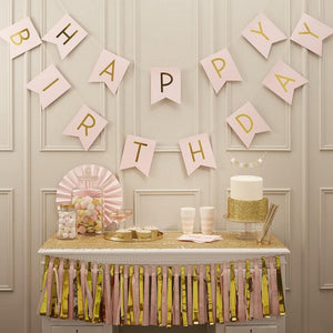 Pastel Pink and Gold Foiled Happy Birthday Bunting Banner
