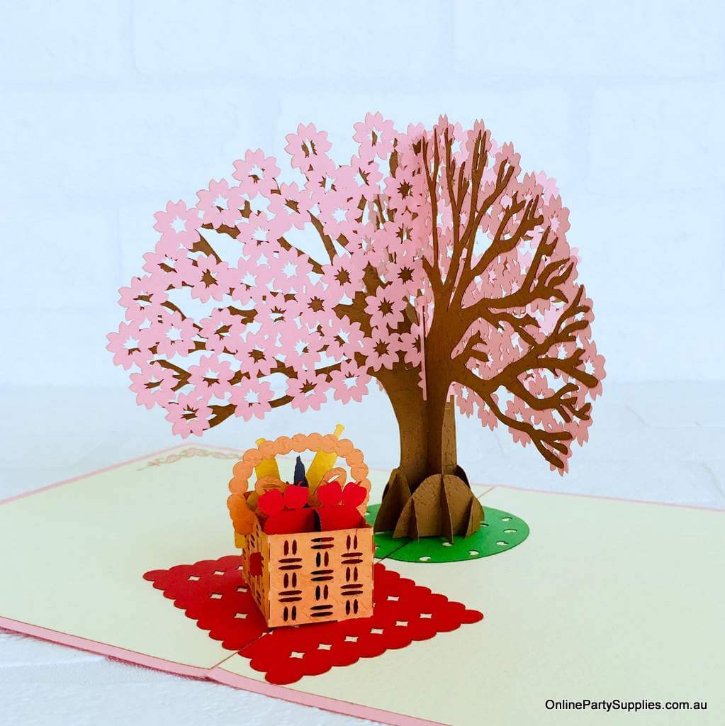 Handmade Pink Cherry Blossom Tree with a Picnic Basket Pop Up Greeting Card - Pink Cover