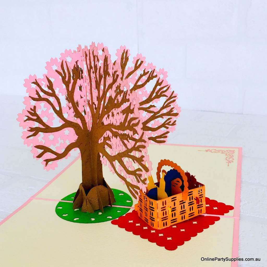 Handmade Pink Cherry Blossom Tree with a Picnic Basket Pop Up Greeting Card - Pink Cover