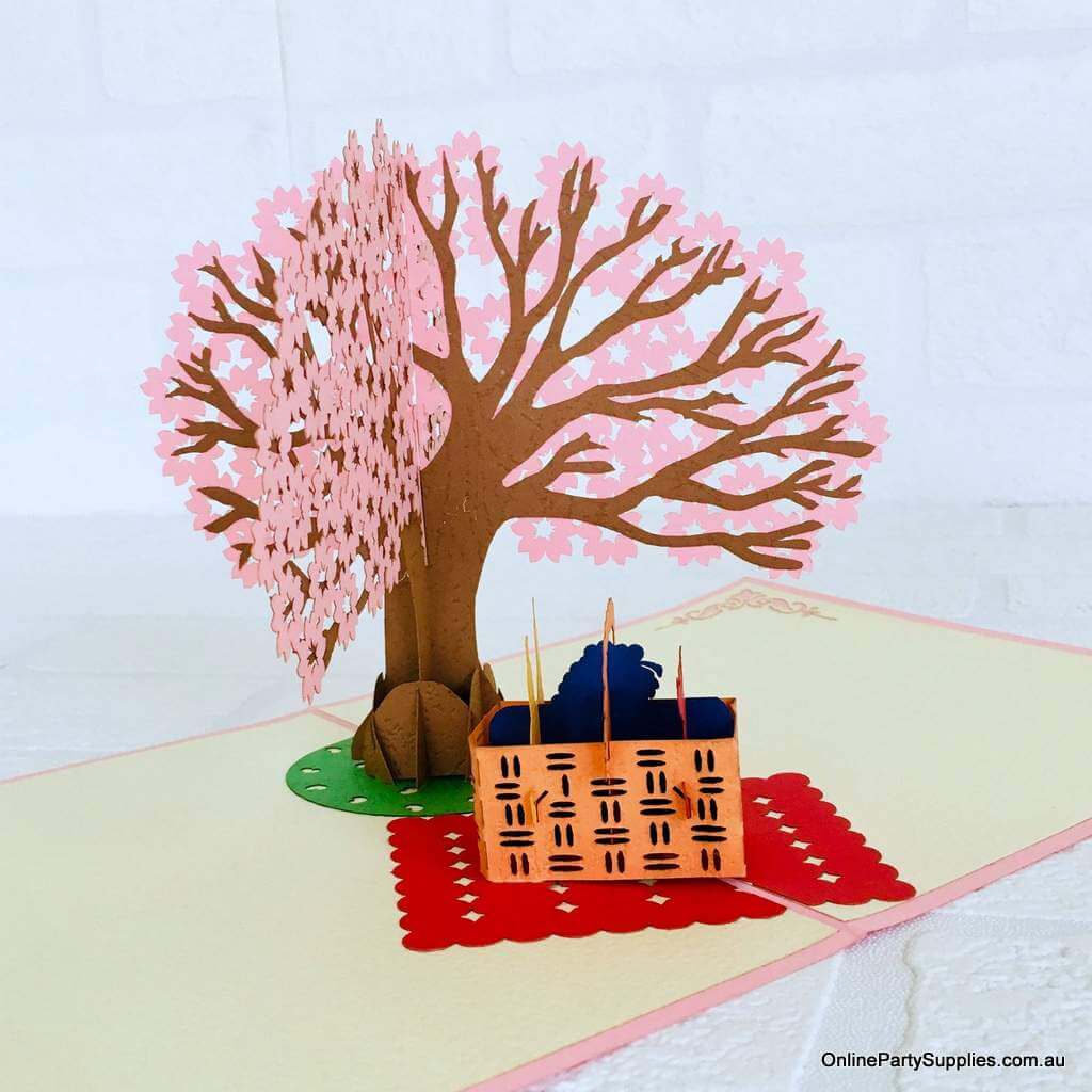 Handmade Pink Cherry Blossom Tree with a Picnic Basket Pop Up Greeting Card - Pink Cover
