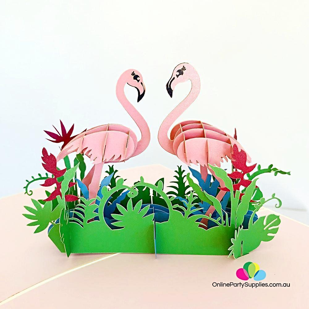 Pink Flamingo Couple in Tropical Garden 3D Pop Up Card - Online Party Supplies