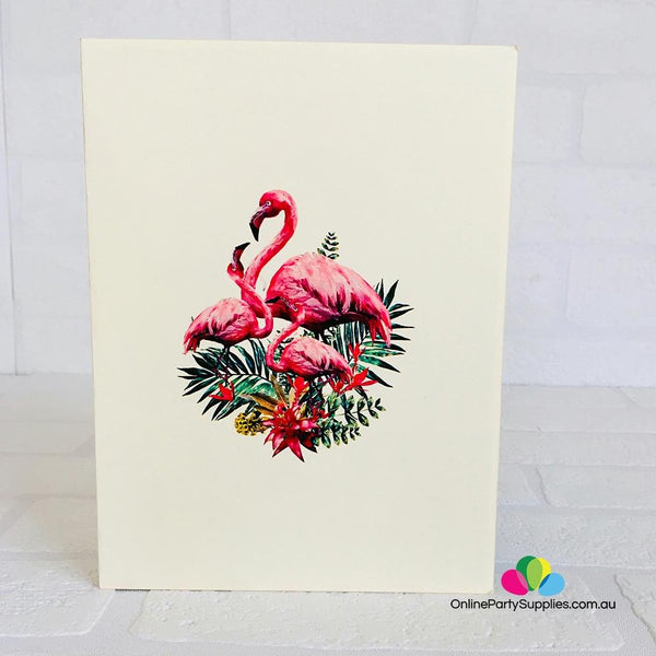 Pink Flamingo Mum & Two Babies in Garden Pop Up Card - Image 3