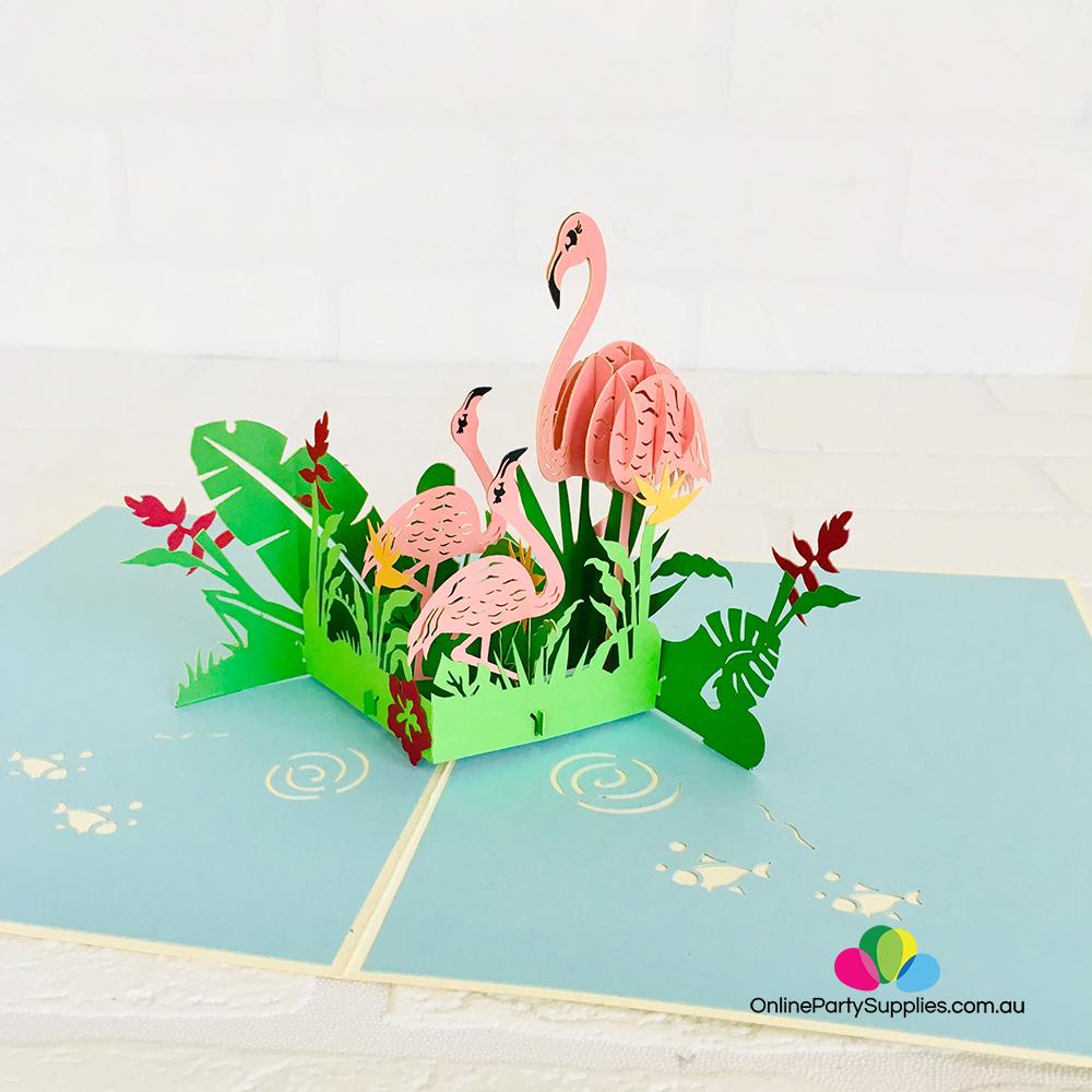 Pink Flamingo Mum & Babies in Garden 3D Pop Up Card - Online Party Supplies