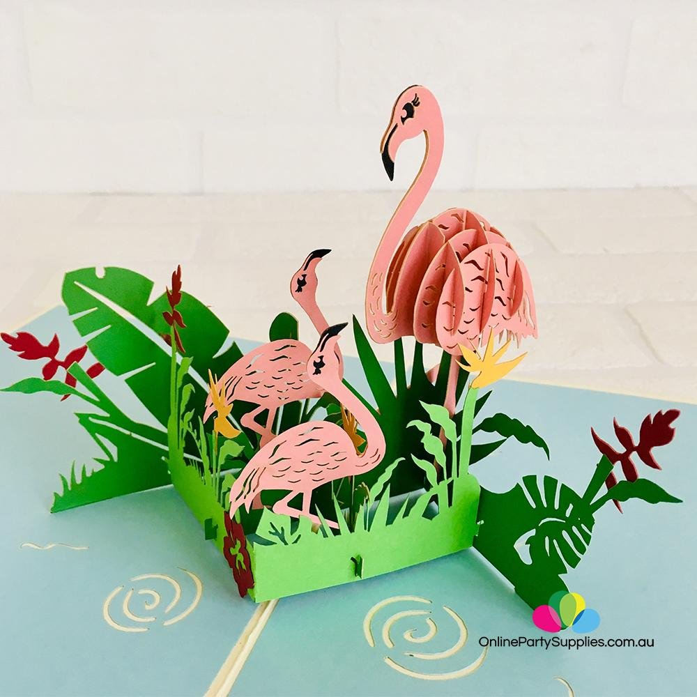 Pink Flamingo Mum & Babies in Garden 3D Pop Up Card - Online Party Supplies