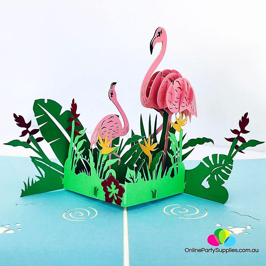 Pink Flamingo Mum & Baby in Garden 3D Pop Up Card - Online Party Supplies