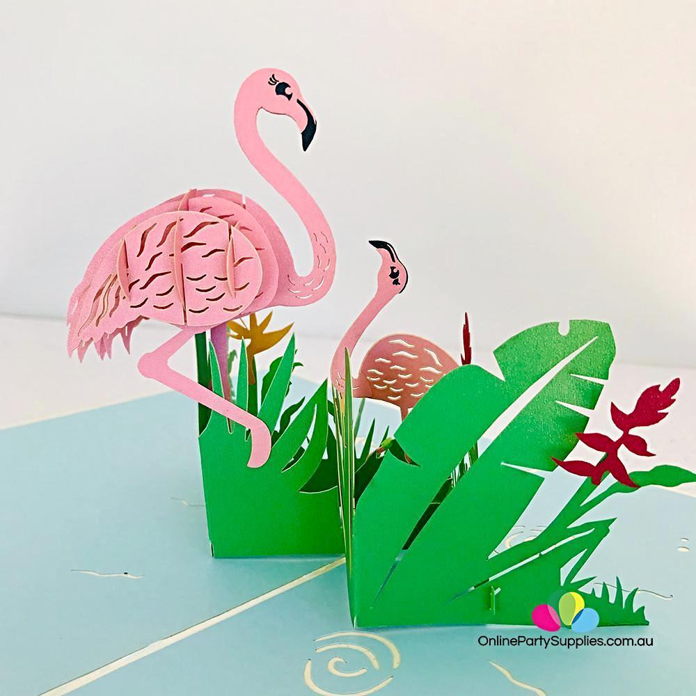 Pink Flamingo Mum & Baby in Garden 3D Pop Up Card - Online Party Supplies